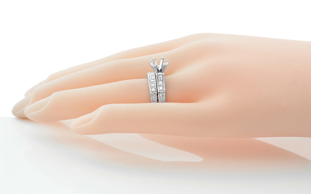 Art Deco Engraved Antique Scrolls 1 Carat Diamond Engagement Ring Setting and Wedding Ring in Platinum - Item: R628P - Image: 6