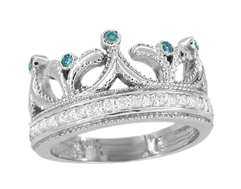 Regal Crown Ring in White Gold with Blue Diamonds and White Diamonds - Item: R644BD - Image: 2