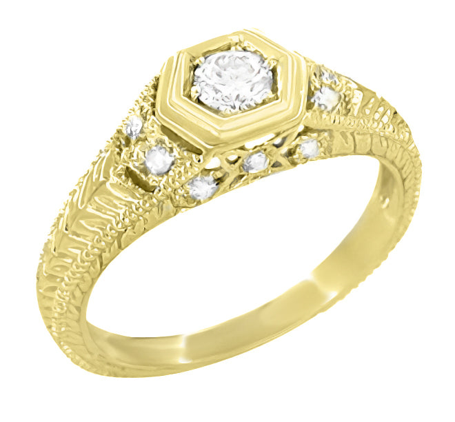 Art Deco Filigree Engraved Hexagon Yellow Gold Vintage Style Diamond Engagement Ring - 1/3 Carat T.W. - Item: R646Y-LC - Image: 3