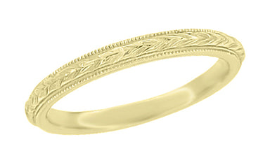 1920s Sculptural Engraved Wheat Vintage Yellow Gold Wedding Band with Domed Profile and Milgrain 2.5mm - R652Y