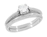Art Deco Engraved Scrolls Diamond Engagement Ring and Wedding Ring Set in White Gold