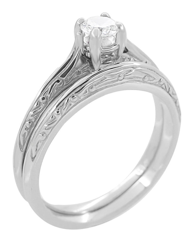 Art Deco Engraved Scrolls Diamond Engagement Ring and Wedding Ring Set in White Gold - Item: R670 - Image: 2