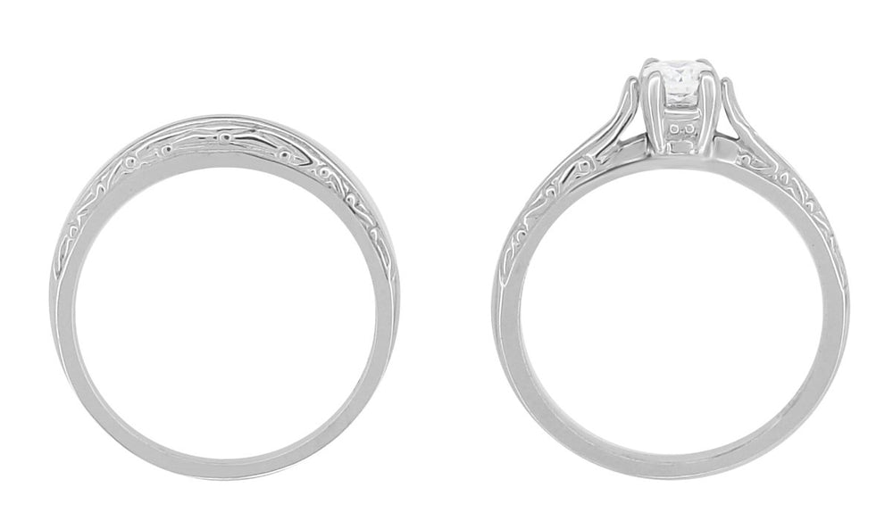 Art Deco Engraved Scrolls Diamond Engagement Ring and Wedding Ring Set in White Gold - Item: R670 - Image: 4