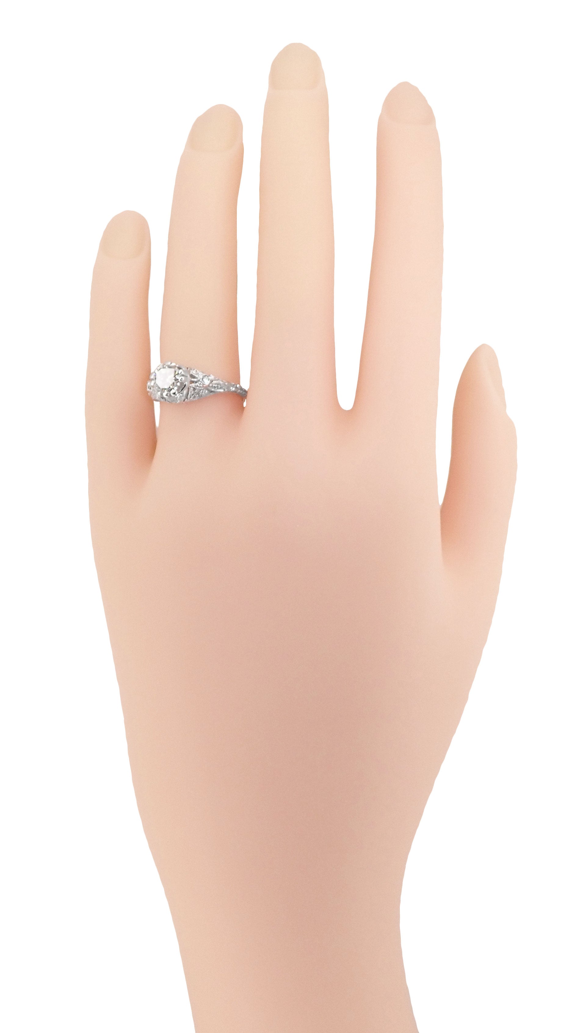 Edwardian Antique Style 1 Carat Diamond T.W. Filigree Engagement Ring in 18 Karat White Gold - Item: R6791D - Image: 5