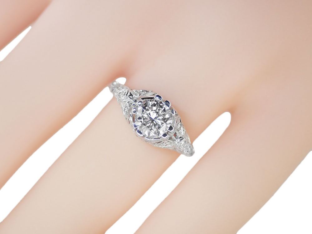Edwardian Antique Style 1 Carat Diamond T.W. Filigree Engagement Ring in 18 Karat White Gold - Item: R6791D - Image: 4