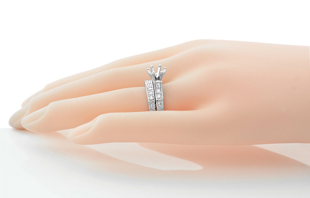 Platinum Art Deco Engraved Scrolls 3/4 Carat Diamond Engagement Ring Setting and Wedding Ring - Item: R724P - Image: 6