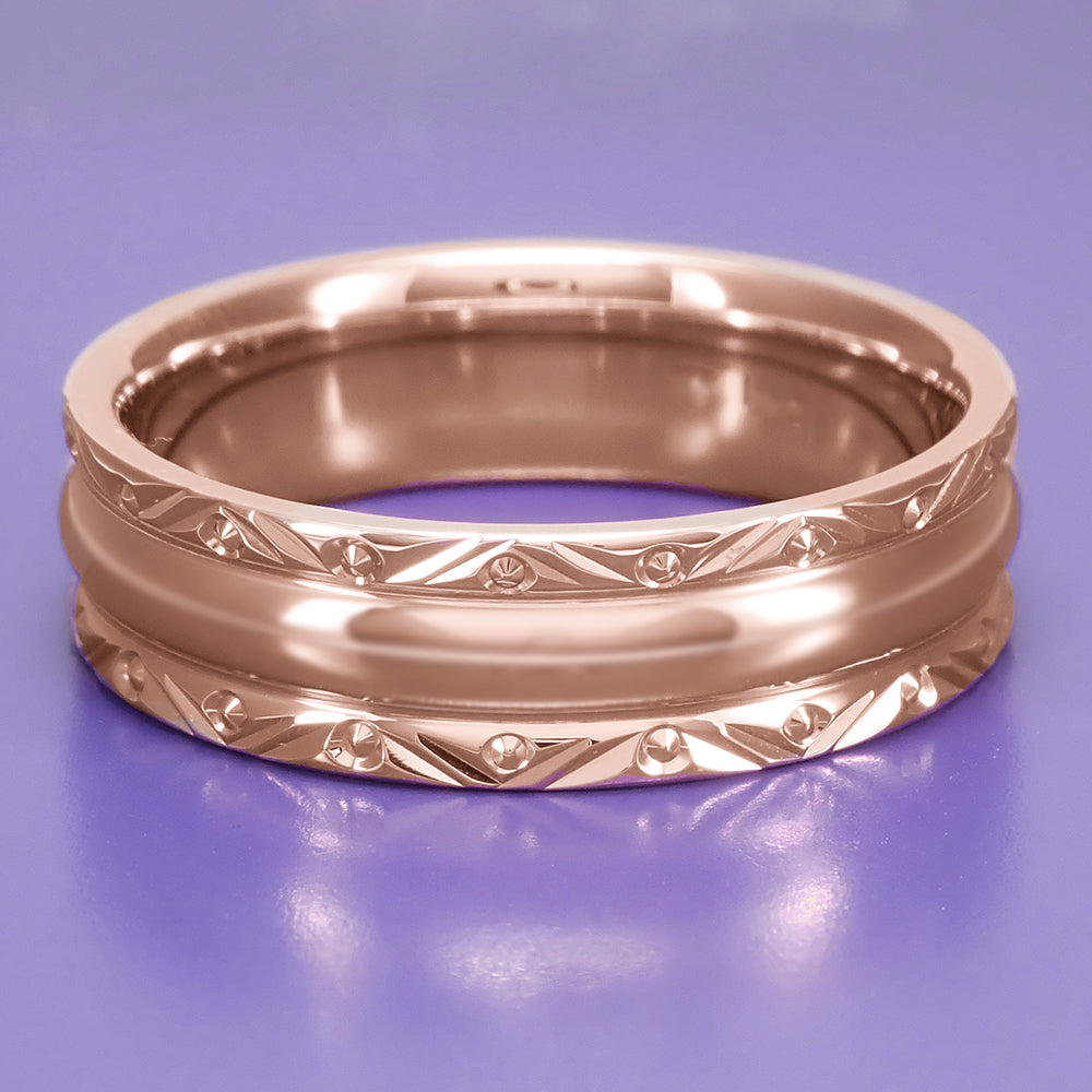 Circles and Chevrons 1950's 14K Rose Gold Retro Engraved Wedding Band - 6mm Wide - Item: R860R - Image: 3