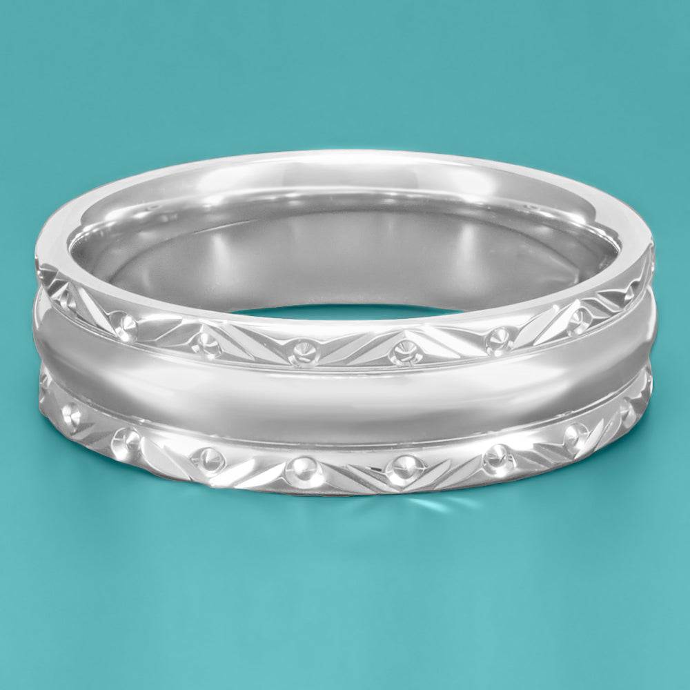Circles and Chevrons 1950's Retro Carved Wedding Band in White Gold - 6mm Wide - Item: R860W - Image: 3