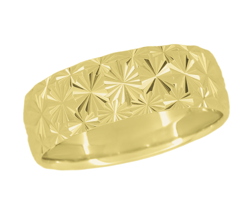 Yellow Gold Vintage Starbursts Engraved Mid Century Modern Wedding Ring  - 8mm Wide - Item: R861Y8 - Image: 4