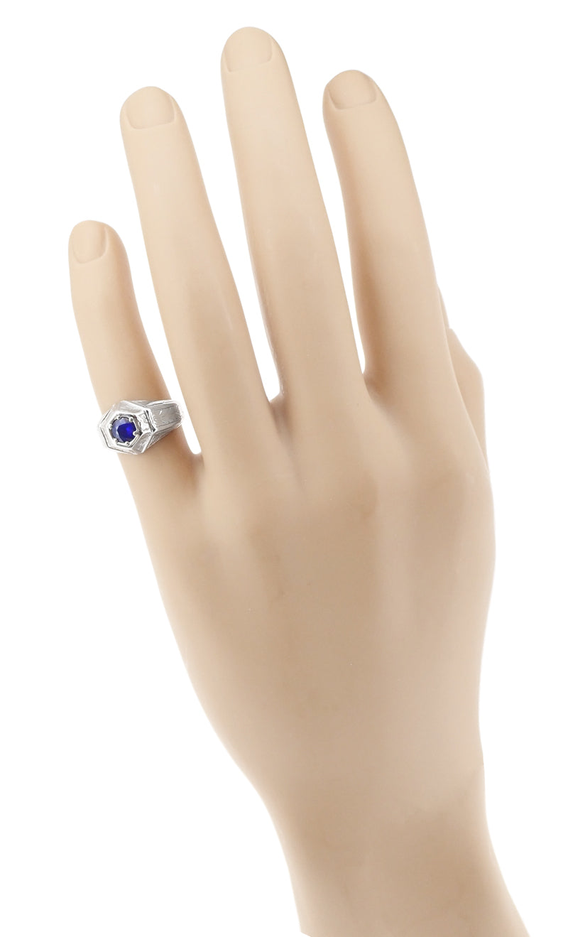 Art Deco Geometric Hexagonal Mens Blue Sapphire Ring in 14 Karat White Gold - Item: R881WS - Image: 7
