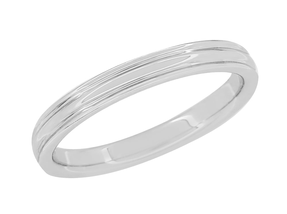 1950's Retro Moderne 4mm Double Grooved Wedding Band Ring in White Gold - 14K or 18K - Item: R912 - Image: 2