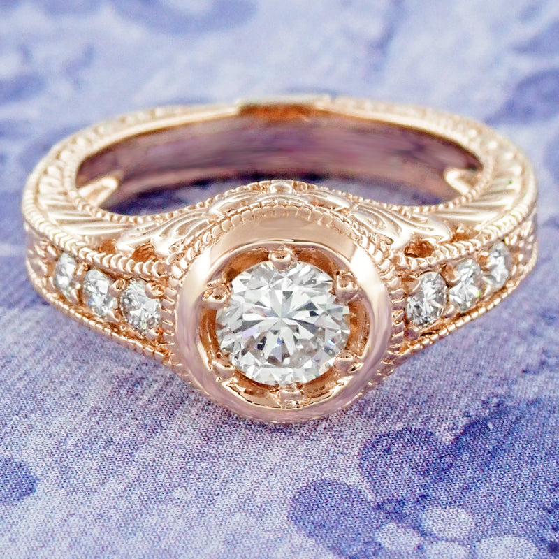 Rose Gold Art Deco Filigree Flowers & Scrolls 1/2 Carat Engraved Diamond Engagement Ring - Item: R990R50D-LC - Image: 6