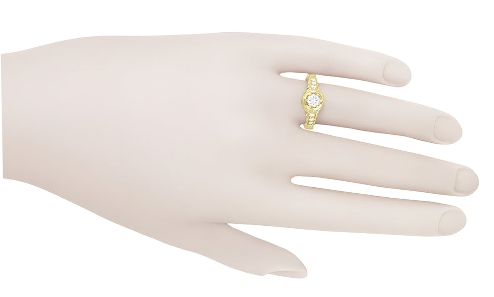 Yellow Gold Art Deco Engraved Scrolls and Flowers 1/2 Carat Filigree Diamond Engagement Ring - Item: R990Y50D-LC - Image: 5
