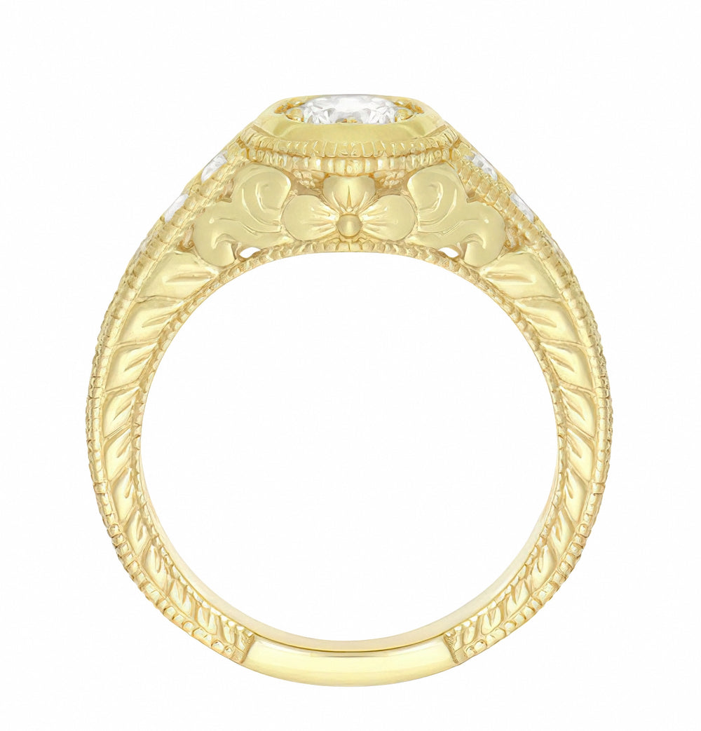 Yellow Gold Art Deco Engraved Scrolls and Flowers 1/2 Carat Filigree Diamond Engagement Ring - Item: R990Y50D-LC - Image: 3
