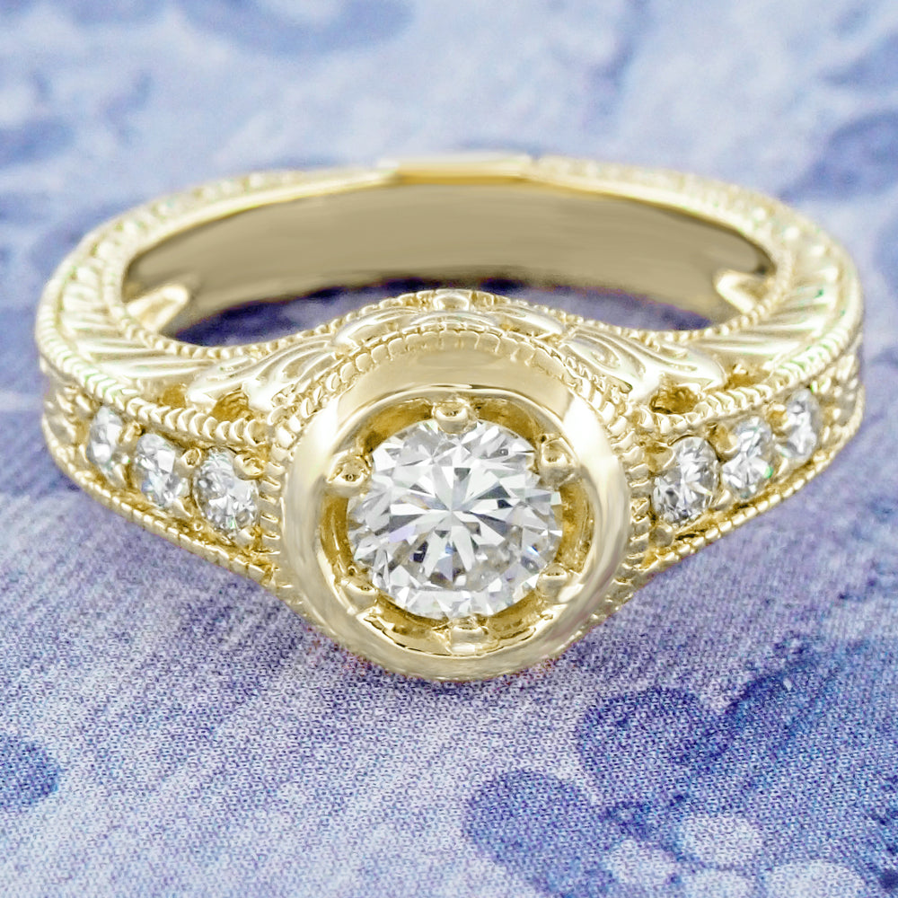Yellow Gold Art Deco Engraved Scrolls and Flowers 1/2 Carat Filigree Diamond Engagement Ring - Item: R990Y50D-LC - Image: 4