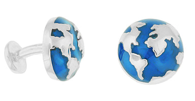 Blue Enamel World Globe Map Cufflinks in Sterling Silver