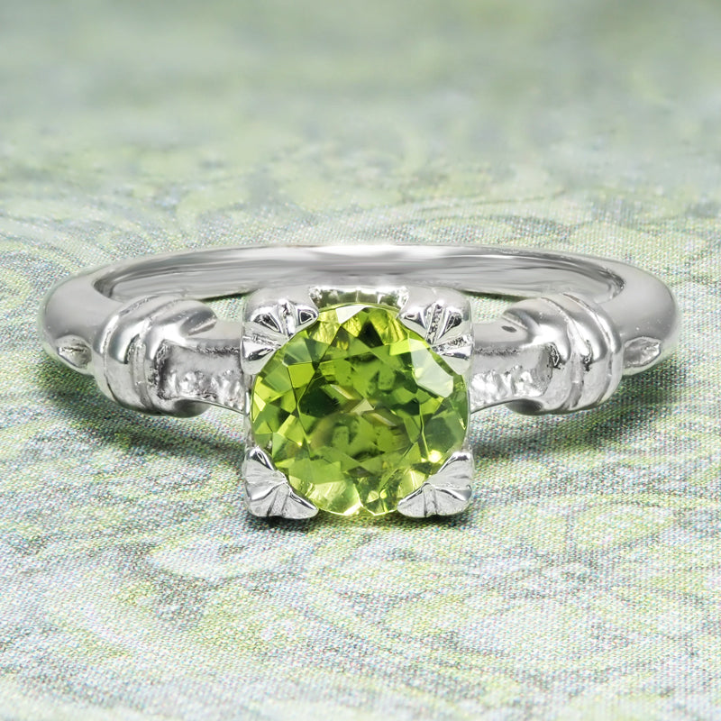 Art Deco Hearts and Clovers 1 Carat Peridot Solitaire Promise Ring in Sterling Silver - Item: SSR163P - Image: 3