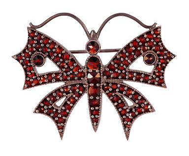 Antique Victorian Bohemian Red Garnet Butterfly Brooch in with Antiqued Sterling Silver Finish - ABR113