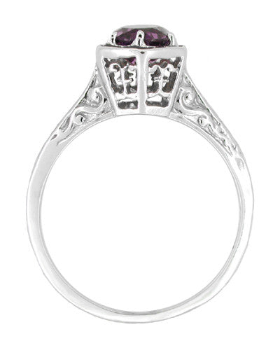 Hexagon Art Deco 3/4 Carat Amethyst Engraved Filigree Engagement Ring in 14K White Gold - Item: R233 - Image: 2