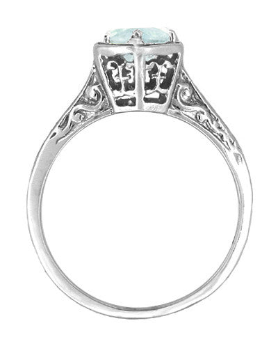 Filigree Hexagon Art Deco Engraved 3/4 Carat Aquamarine Engagement Ring in 14K White Gold - Item: R180 - Image: 2