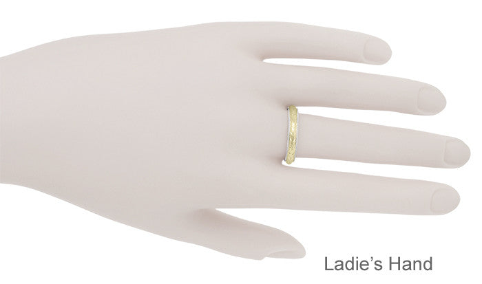 Art Deco Mixed Metals Millgrain Edge Hand Engraved Wheat Wedding Ring in 14 Karat Two Tone White and Yellow Gold - 4mm Wide - Item: R636YW - Image: 5