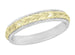 Art Deco Mixed Metals Millgrain Edge Hand Engraved Wheat Wedding Ring in 14 Karat Two Tone White and Yellow Gold - 4mm Wide