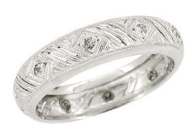 Montowese Art Deco Geometric Engraved Gray Diamonds Antique Eternity Wedding Band in 18K White Gold for Women - DWR128