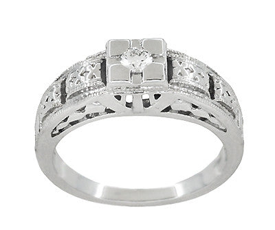 Platinum Art Deco Square Top Carved Filigree Diamond Engagement Ring - Item: R160P-LC - Image: 3