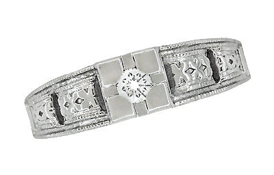 Platinum Art Deco Square Top Carved Filigree Diamond Engagement Ring - Item: R160P-LC - Image: 4