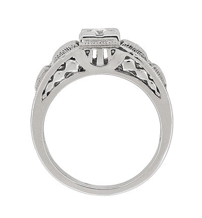 Platinum Art Deco Square Top Carved Filigree Diamond Engagement Ring - Item: R160P-LC - Image: 5