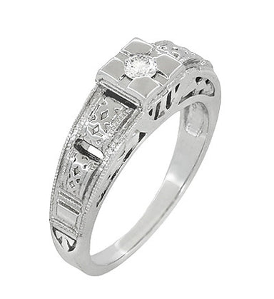 Platinum Art Deco Square Top Carved Filigree Diamond Engagement Ring - alternate view