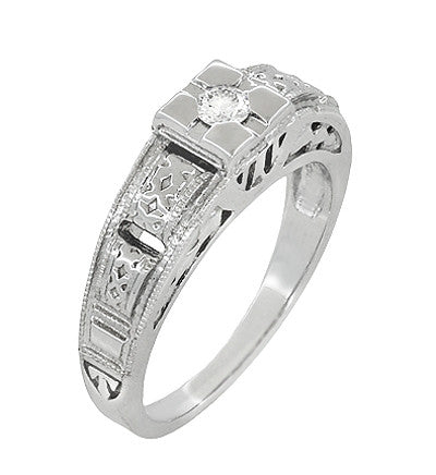 Platinum Art Deco Square Top Carved Filigree Diamond Engagement Ring - Item: R160P-LC - Image: 2