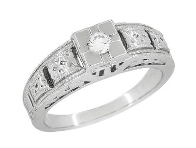 Platinum Art Deco Square Top Carved Antique Filigree Diamond Engagement Ring - R160P