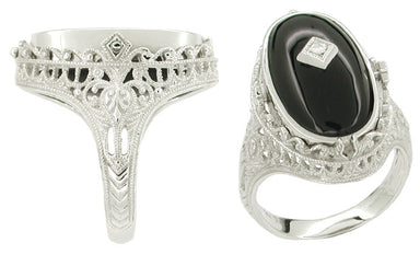 Edwardian Filigree Cameo Flip Ring with Carnelian Shell Cameo, Diamond and Black Onyx in 14 Karat White Gold - alternate view
