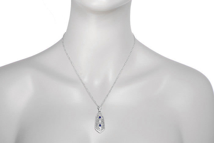 Art Deco Filigree Sapphire and Diamond Pendant Necklace in Sterling Silver - Item: N116 - Image: 4