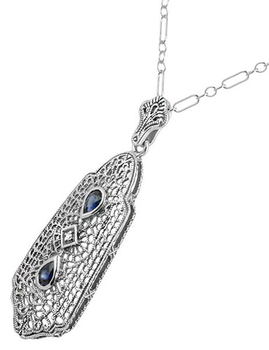 Art Deco Filigree Sapphire and Diamond Pendant Necklace in Sterling Silver - alternate view