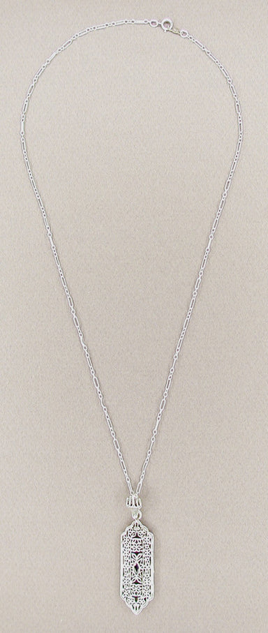 Art Deco Filigree Sapphire Set Pendant Necklace in Sterling Silver - alternate view