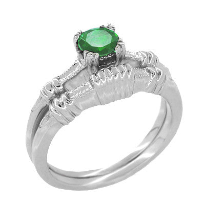 Art Deco Hearts and Clovers Emerald Engagement Ring in 14 Karat White Gold - Item: R163 - Image: 3