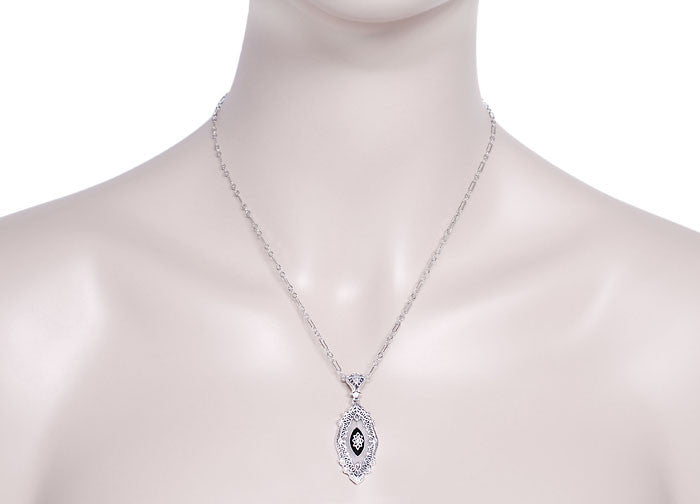 Art Deco Onyx, Camphor Crystal & Diamond Filigree Pendant Necklace in Sterling Silver - Item: N119 - Image: 3