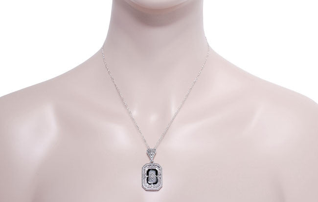 Art Deco Rectangular Onyx, Camphor Crystal and Diamond Filigree Necklace Pendant in Sterling Silver - Item: N121 - Image: 3