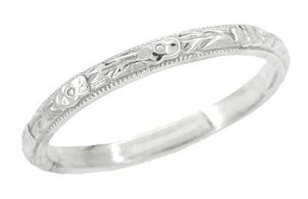 Thin Antique Edwardian Wedding Band in White Gold with Engraved Roses and Leaves 10K - 14K - 18K - R268