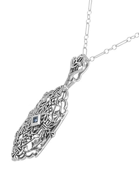 Art Deco Sapphire Filigree Pendant Necklace in Sterling Silver - Item: N118 - Image: 2