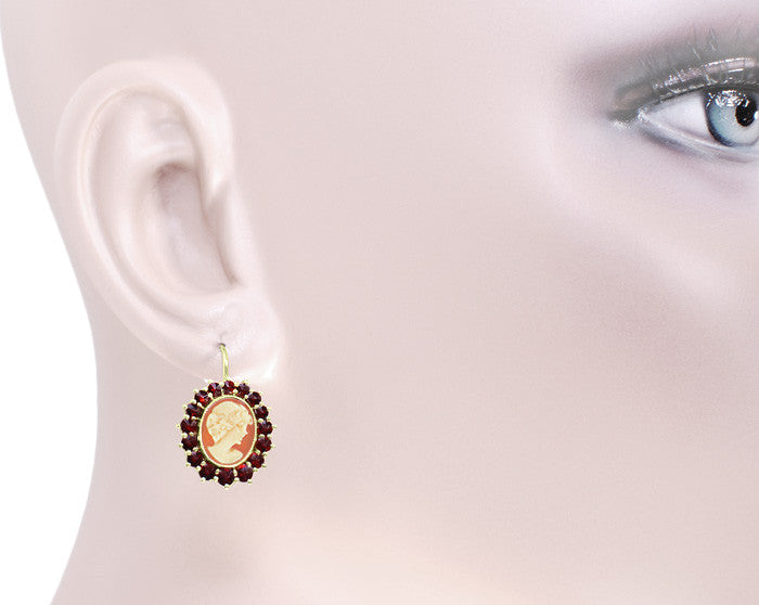 Shell Cameo Earrings with Bohemian Garnet Frames in 14 Karat Yellow Gold & Sterling Silver Vermeil - Item: E129 - Image: 3