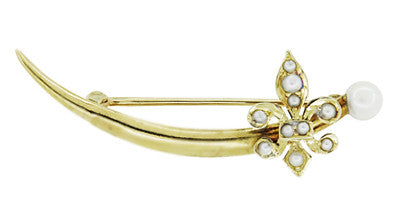 Krementz Antique Victorian Fleur De Lis Seed Pearl Crescent Brooch in 14 Karat Yellow Gold