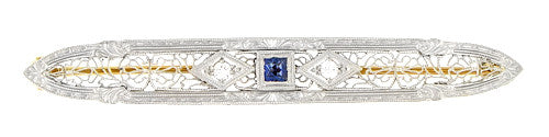 Art Deco Filigree Diamond and Sapphire Antique Krementz Brooch in 14 Karat Gold