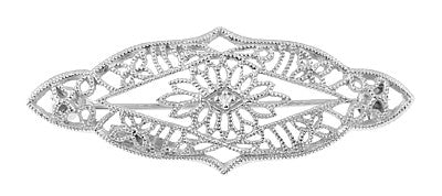 Art Deco Diamond Set Filigree Floral Brooch in 14 Karat White Gold