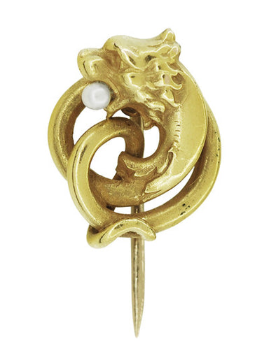Antique Victorian Tie Pin Brooch of a Lion's Head with Snake Body Design in 14 Karat Yellow Gold