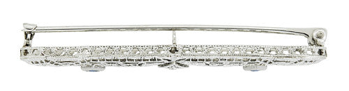 Antique Sapphire and Diamond Filigree Art Deco Bar Brooch in 14 Karat White Gold and Platinum - Item: BR184 - Image: 2