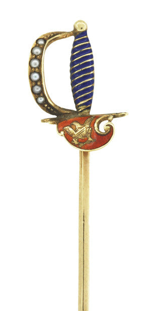 Antique Victorian Sword Stickpin with Enamel and Seed Pearls in 14 Karat Yellow Gold - Item: BR187 - Image: 3