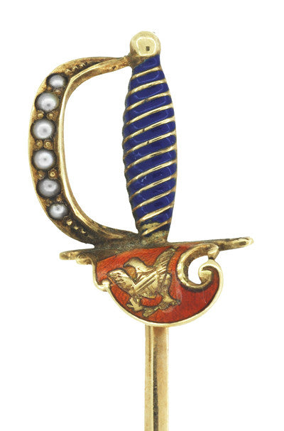 Antique Victorian Sword Stickpin with Enamel and Seed Pearls in 14 Karat Yellow Gold - Item: BR187 - Image: 2